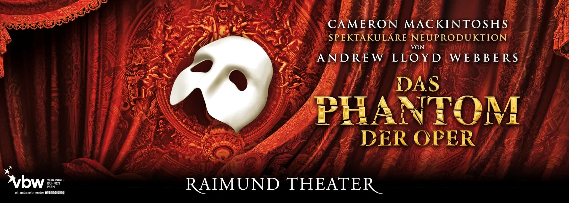 Phantom der Oper Header - weiße Maske auf einem roten Vorhang