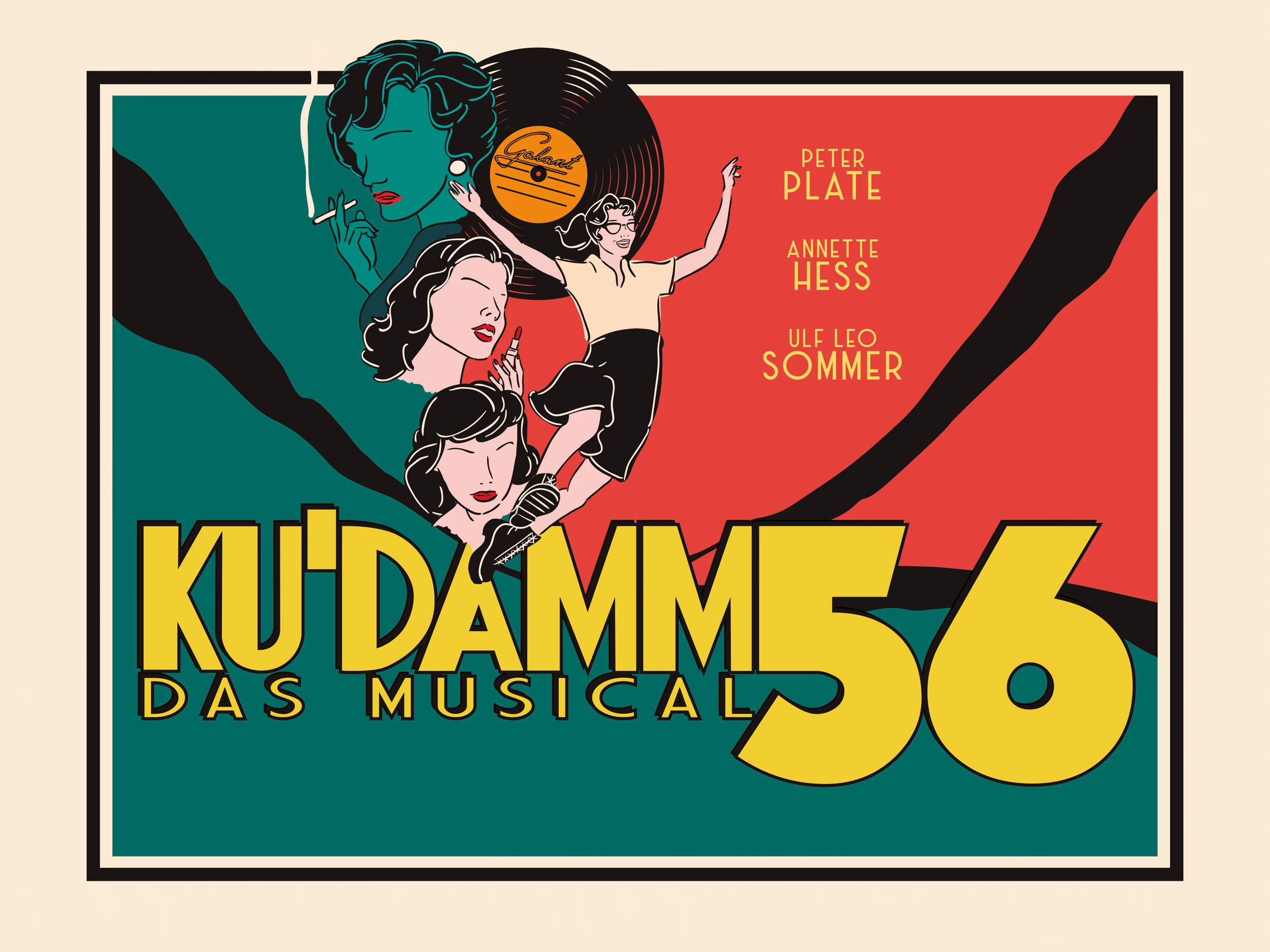 Logo - Zeichnung der Mutter der Tanzschule und ihren 3 Töchtern hinter Schriftzug Ku Damm 56 - das Musical